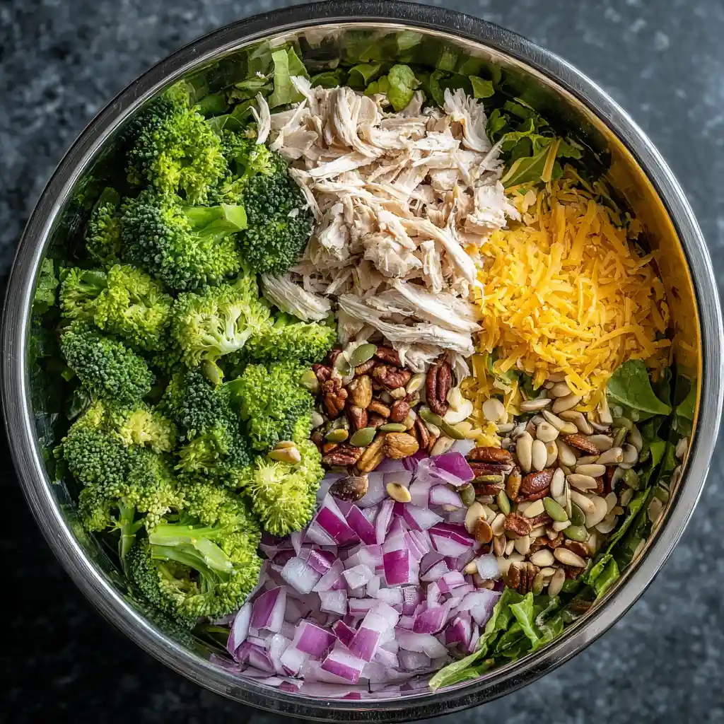 chicken broccoli salad ingredients in glass bowl