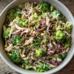 loaded chicken and broccoli salad in white ceramic bowl