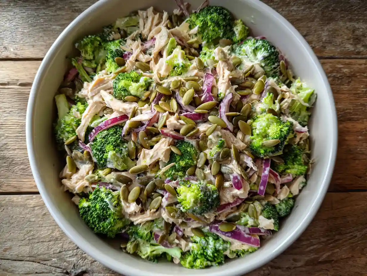loaded chicken and broccoli salad in white ceramic bowl
