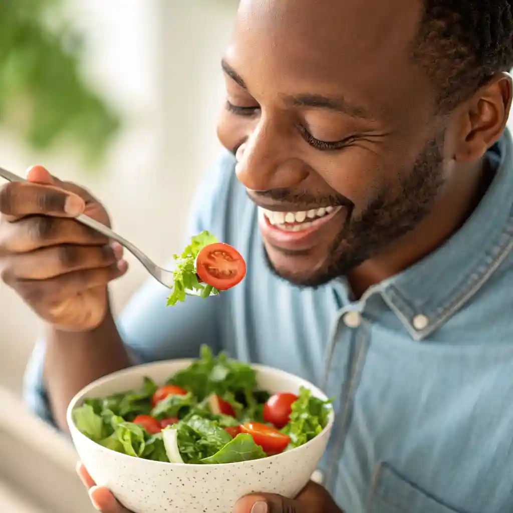 Smiling person savoring a mindful bite of salad ( eat with intention and joy )