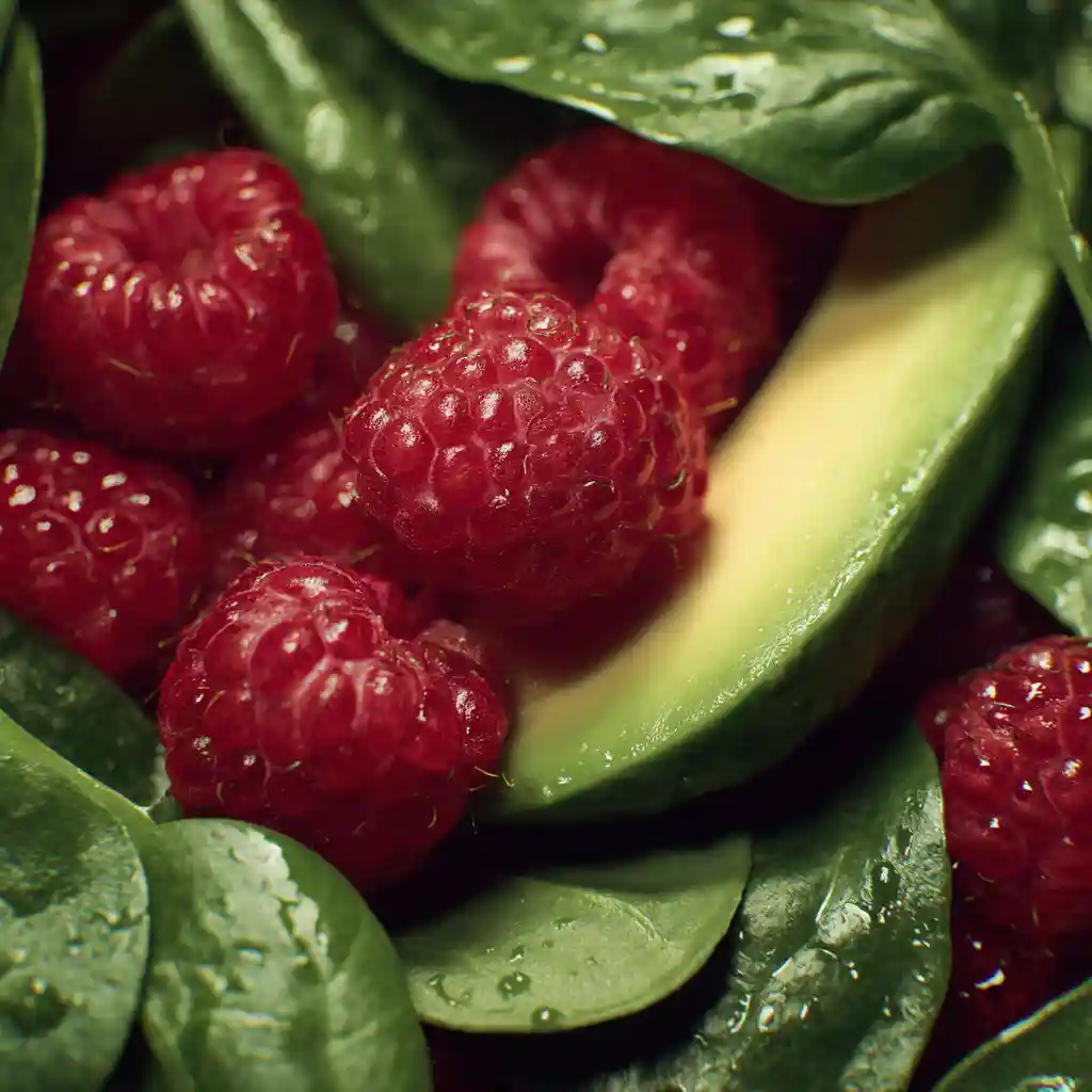 Close-up raspberries and avocado on spinach salad