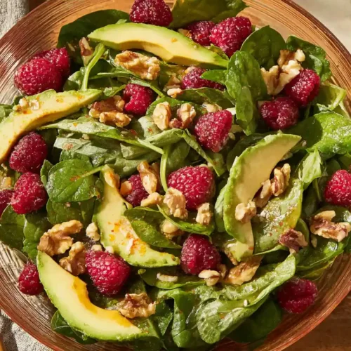 Raspberry spinach salad with avocado and walnuts served fresh in bowl