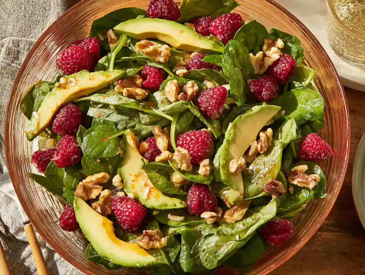 Raspberry spinach salad with avocado and walnuts served fresh in bowl