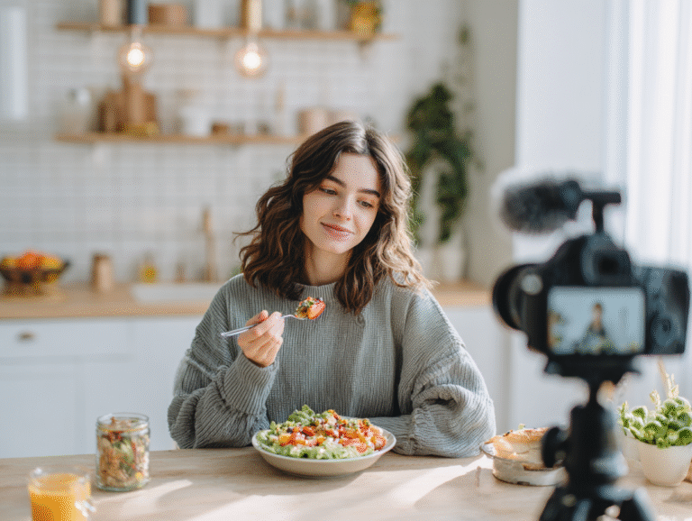 Woman recording a healthy mukbangs at home
