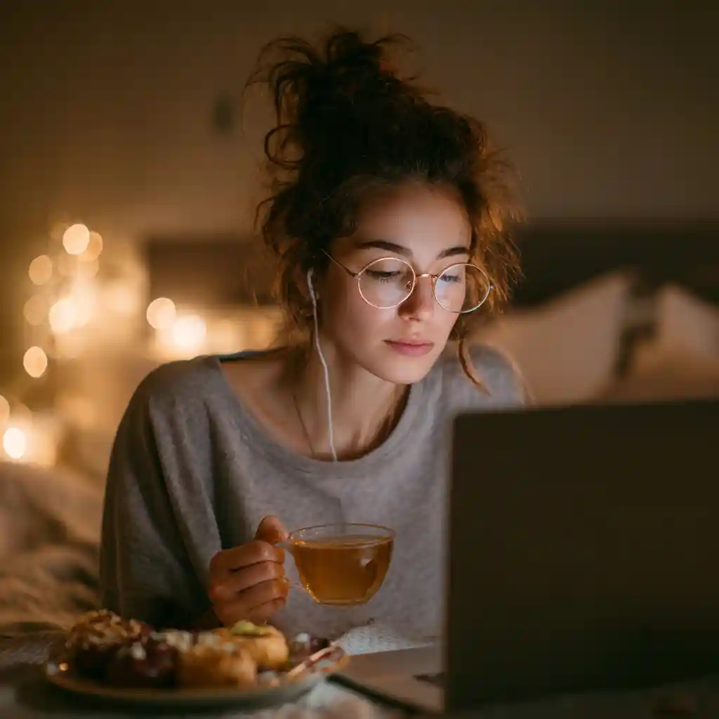 Person practicing mindful eating while watching mukbang