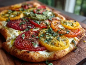 Rustic heirloom tomato pizza on wooden board