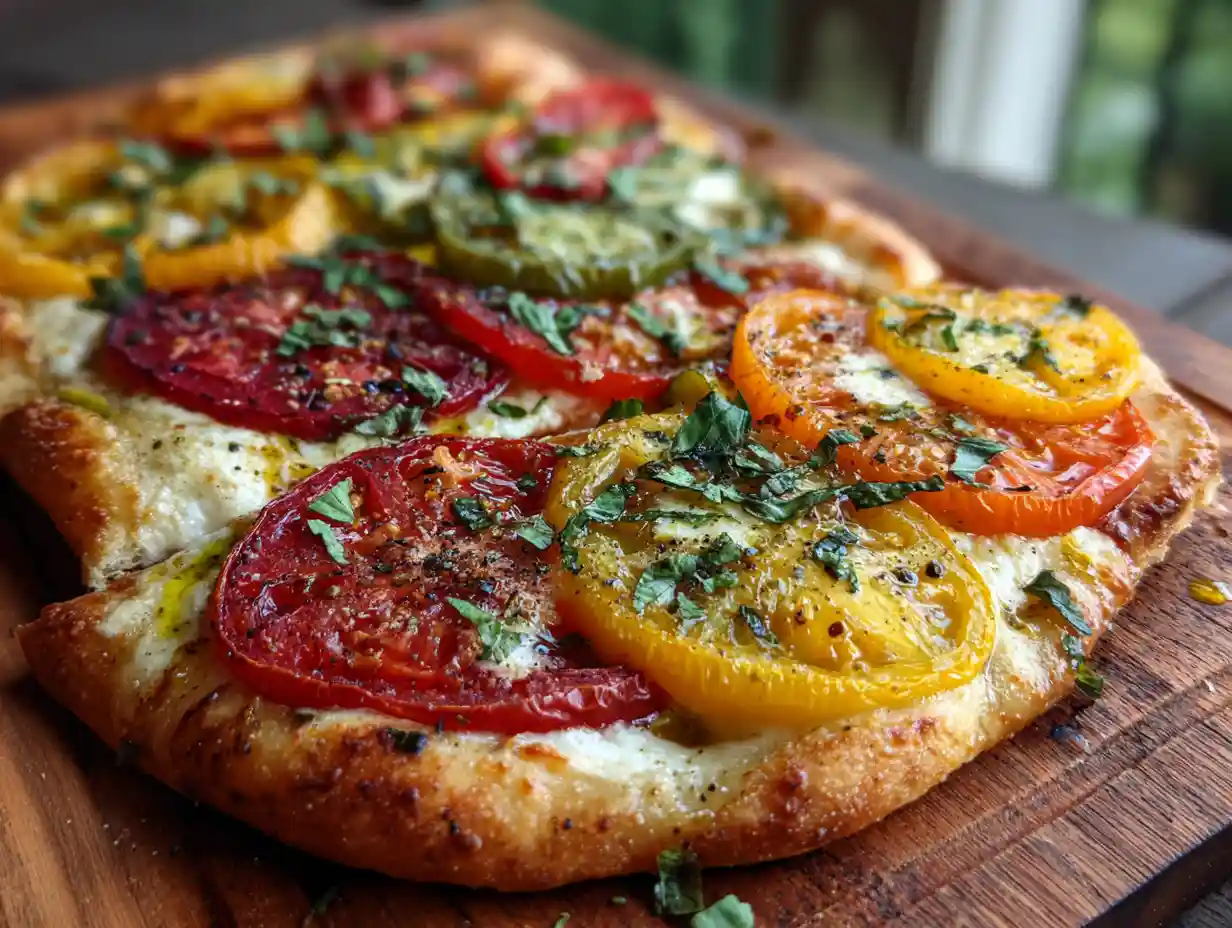 Rustic heirloom tomato pizza on wooden board