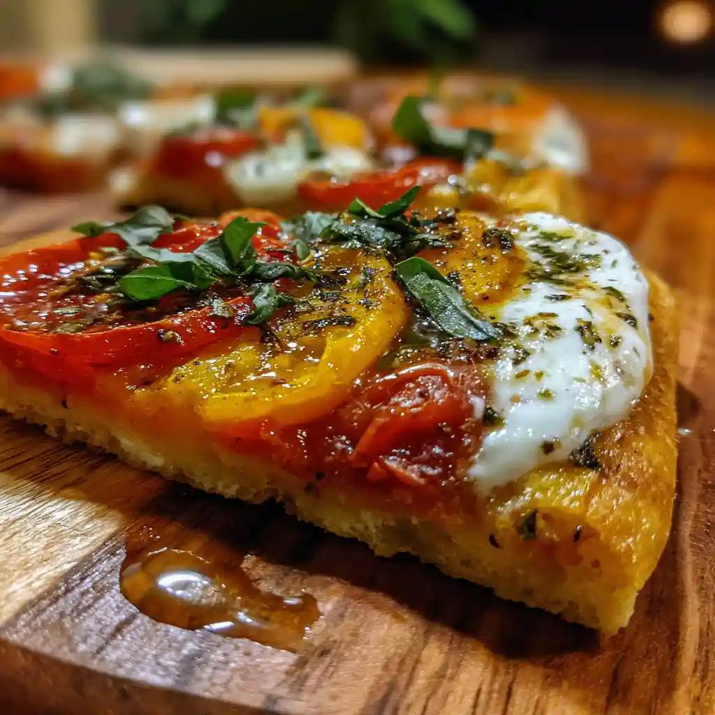 Rustic heirloom tomato pizza served
