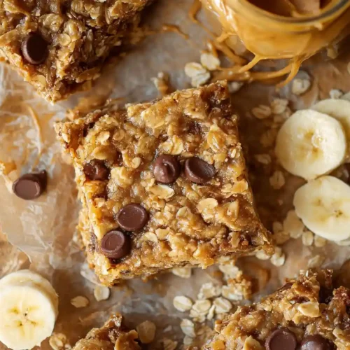 Banana oat breakfast bars on wooden board
