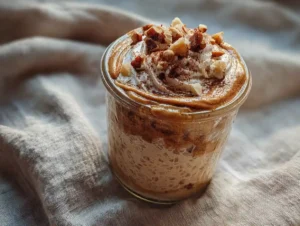 cinnamon roll overnight oats in glass jar