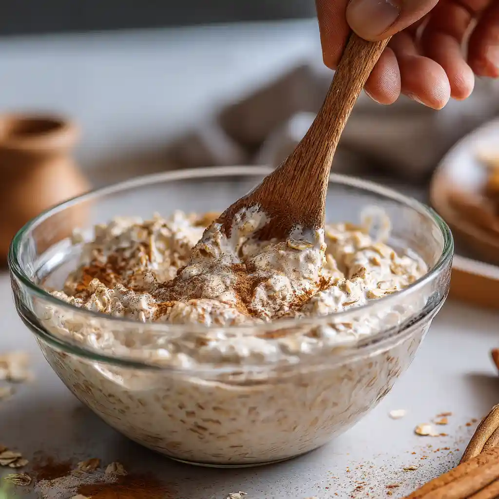 mixing cinnamon roll overnight oats