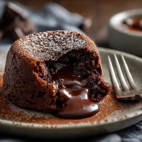 Healthy oatmeal chocolate lava cake with molten dark chocolate