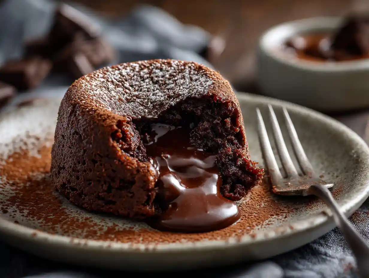 Healthy oatmeal chocolate lava cake with molten dark chocolate