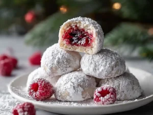 Raspberry Filled Almond Snowball Cookies
