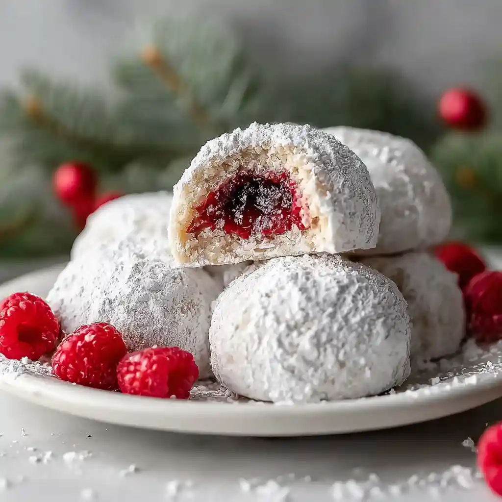 Raspberry Filled Almond Snowball Cookies
